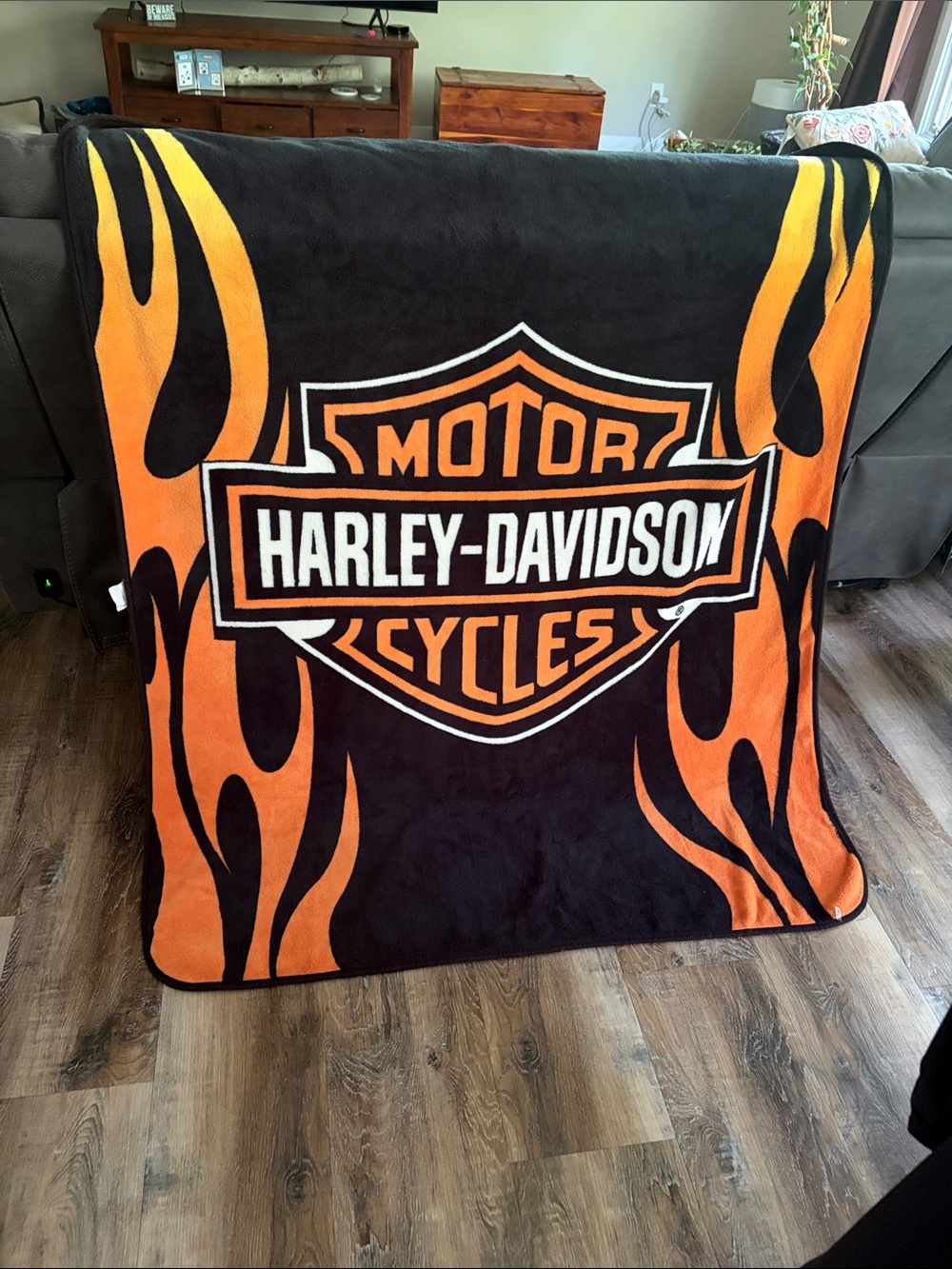 Harley-Davidson Black and Orange Flame Plush Throw Blanket